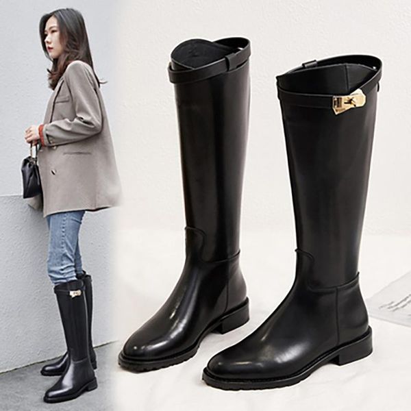 

boots knee-high women genuine cowhide hardware buckle decoration luxury shoes winter wearing fashion ladies, Black