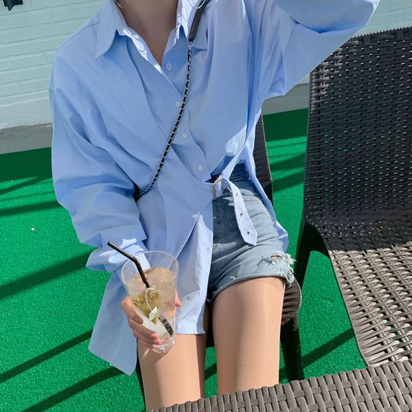 

ewq 2021 spring autumn new blusas long-sleeved simple fashion trend ladies blue irregular shirt coat plus size blouse, White