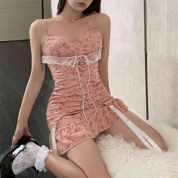 Vestido de flores esmagado Mulheres Lace Strap Irregular Rosa Verão Pure Wind Sling 210529