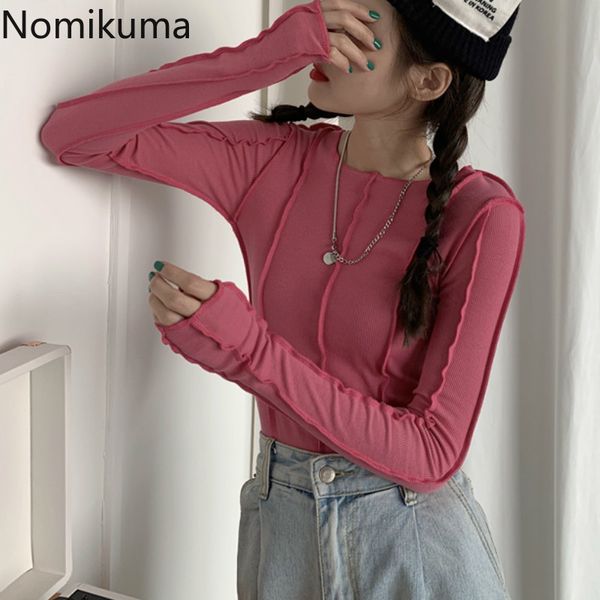 

nomikuma slim fit long sleeve basic tshirt women o neck solid color casual all-match t shirt female korean fashion 3d517 210514, White