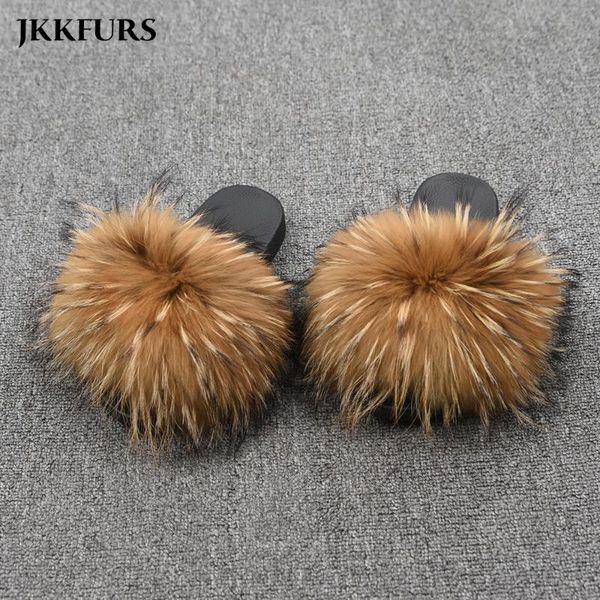 

slippers jkkfurs 14cm wider fur slides fashion real raccoon women's sliders summer autumn indoor lady s6047, Black