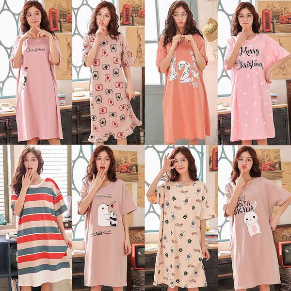 

women's sleepwear summer women cotton nightgown round neck cartoon short sleeved dressnightwear nightdress night dresses plus size s5nz, Black;red