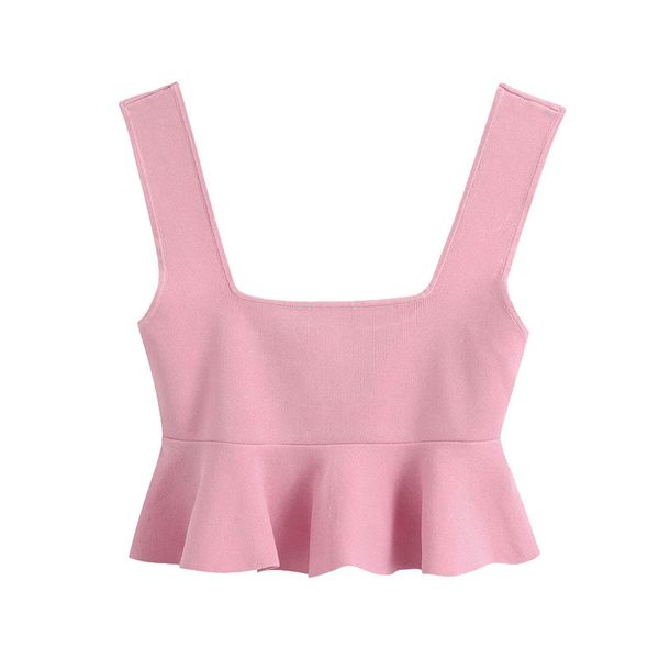 Женщины сладкие моды взъерошенные короткие вязаные ремешка блузки винтажные шикарные квадратные воротники без рукавов топы без рукавов розовый желтый 210520