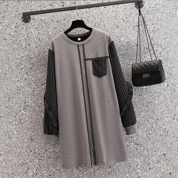 

casual dresses thick and fleece cotton sweatshirt dress women winter warm clothes 2021 ruffle long sleeve patchwork loose stripe, Black;gray