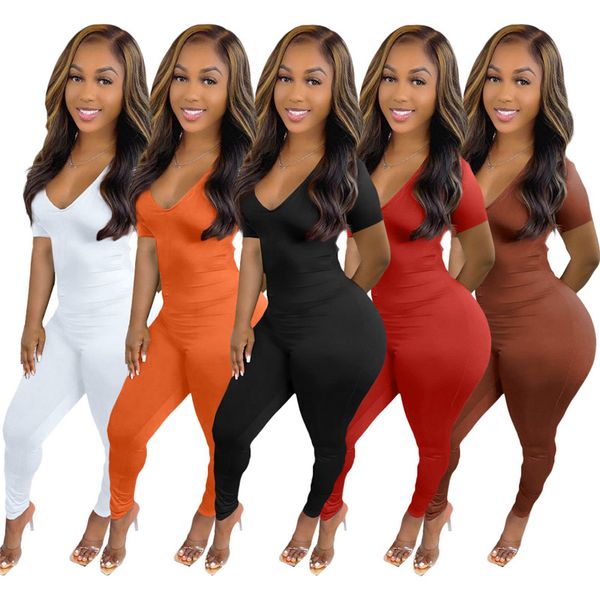 

wholesale jumpsuits women bodycon bodysuits summer v neck hollow out rompers short sleeve solid overalls skinny leggings bulk items 7000, Black;white