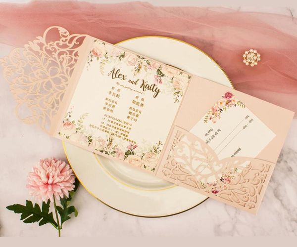 

greeting cards 100pcs square pocketfold laser cut lace wedding invitation three folded cover for party supplies