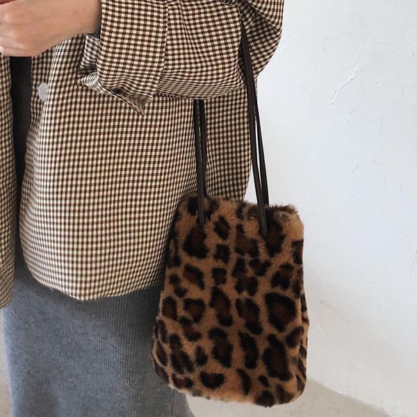 

evening bags winter plush shoulder bag drawstring bucket women fashion leopard furry handbag soft sling female plaid handbags