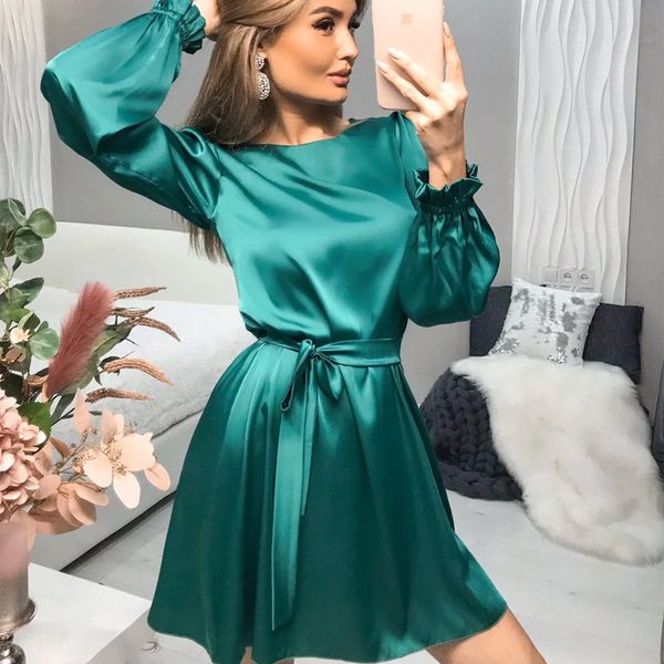 

2021women casual o-neck satin mini dress solid lantern sleeve sashes a line party dress 2021 new fishtion spring women elegant dress, Black;gray