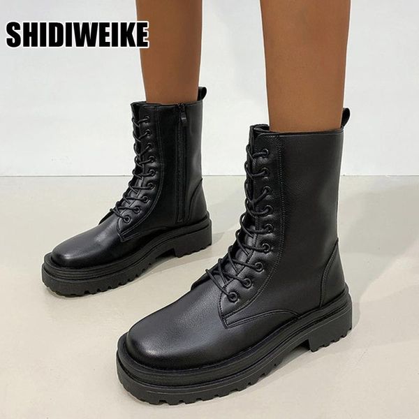 

boots 2021 mid calf women autumn winter fashion lace-up zipper botas mujer sports platform heel ladies shoes vc1370, Black