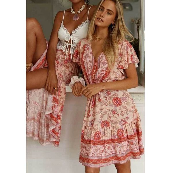 

inspired peach floral mini dress drawstring tie short sleeves cute women dress spring summer dress cotton 210412, Black;gray