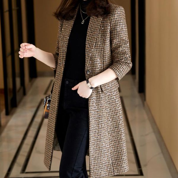 

women's suits & blazers tweed suit winter korean medium long jacket coat collar office work, White;black