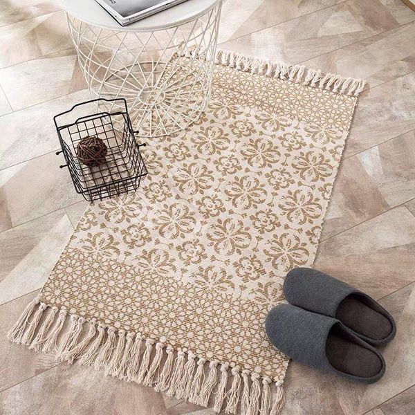 

carpets ins style bohemian cotton linen hand woven rugs geometric floor mat bedroom living room carpet with tassels home decorative