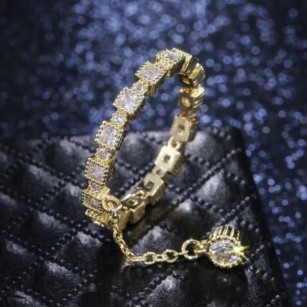 

wedding rings luxurious densely paved zircon women ring with chain link small round crystal lady party fancy jewelry gold color, Slivery;golden