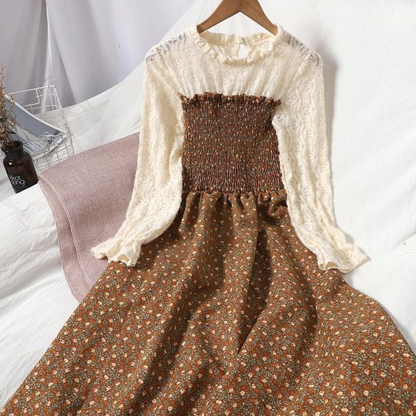 

casual dresses stitching contrast lace curl o neck long-sleeved dress for women spring folds waist korean print long vintage, Black;gray