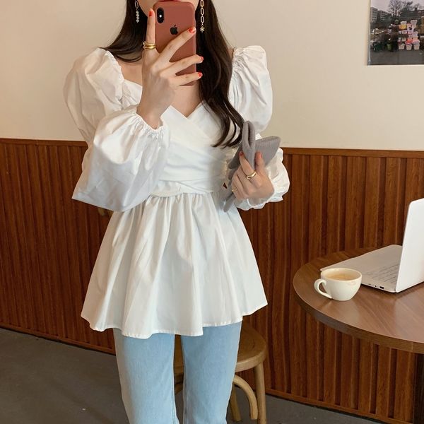 

sweaters women chic shirts spring solid v-neck cross gentle sleeves pleated elegance loose blouse female, White;black