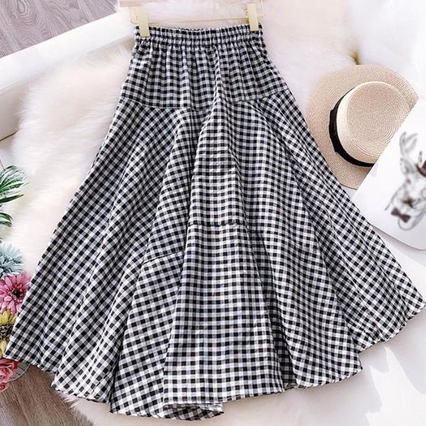 

women plaid skirt 2021 preppy style high waist chic long flare summer student pleated daily vintage maxi skirts, Black