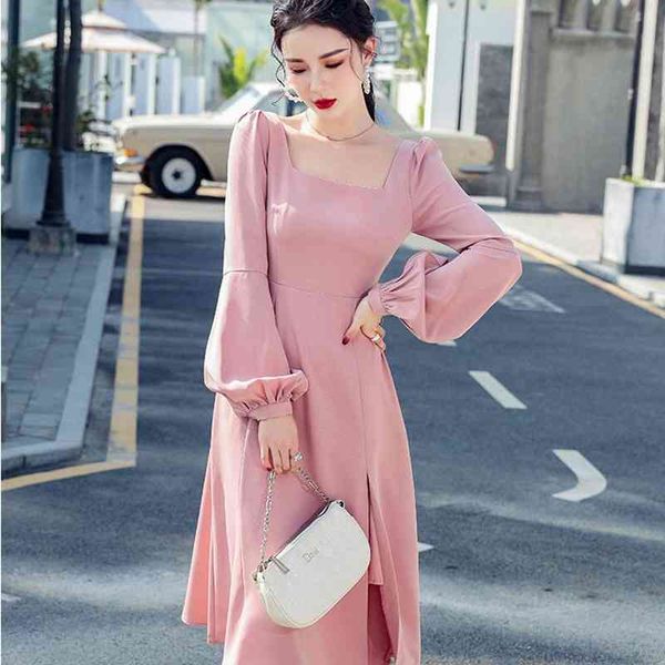 

fashion women spring square collar lantern sleeve blue pink solid hight waist a line split casual office midi dress 210514, Black;gray