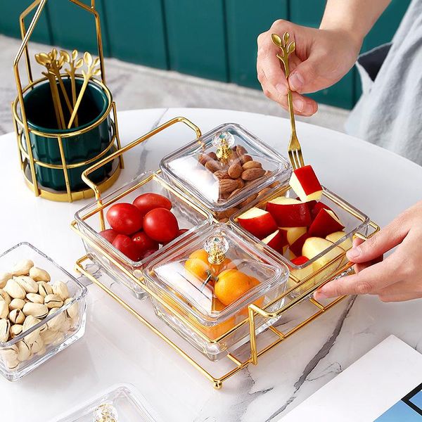

glass fruit bowl snack tray compartment with lid household living room candy nuts dried melon seeds dish storage bottles & jars