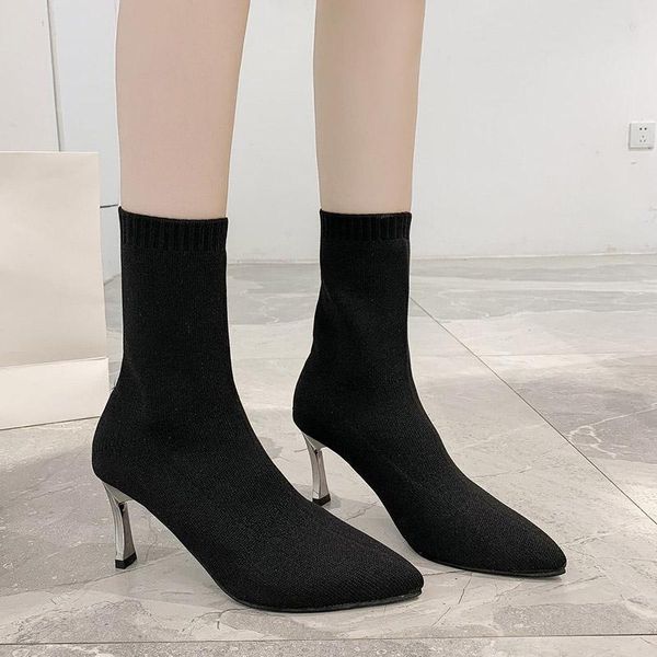 

boots sock high heels knitting stretch for women fashion shoes 2021 spring autumn ankle booties female 8436g, Black