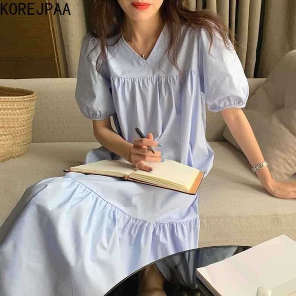 Korejpaa Abito donna Estate Coreano Dolce scollo a V Latte morbido Blu Bianco Pieghevole Allentato Tutto-fiammifero Manica a sbuffo Vestidos increspato 210526