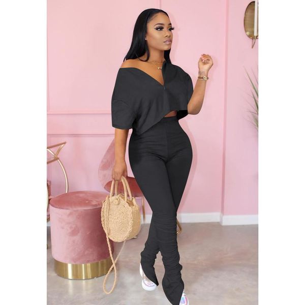 

fashion stacked joggers set pleated womens tracksuits crop long pants leggings suit solid color v neck outfit tracksuit clothes, Gray