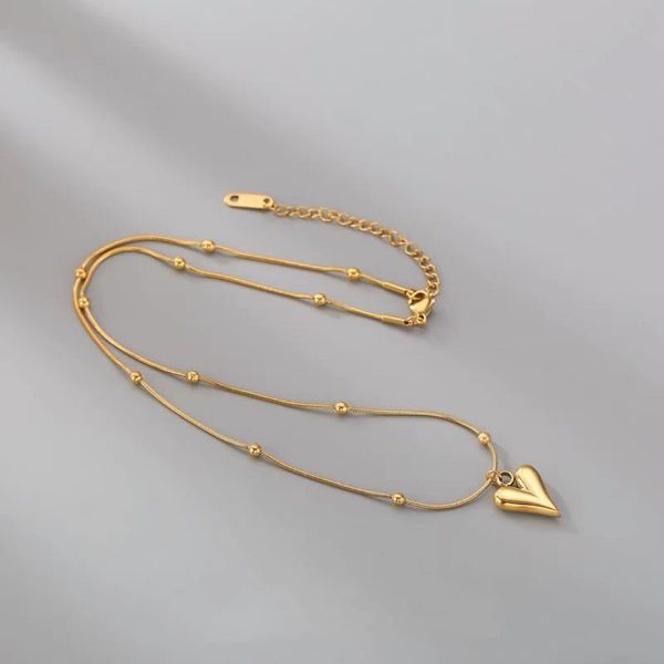 

pendant necklaces luxury stainless steel beaded snake chain heart gold color charm choker necklace women jewelry accessory, Silver
