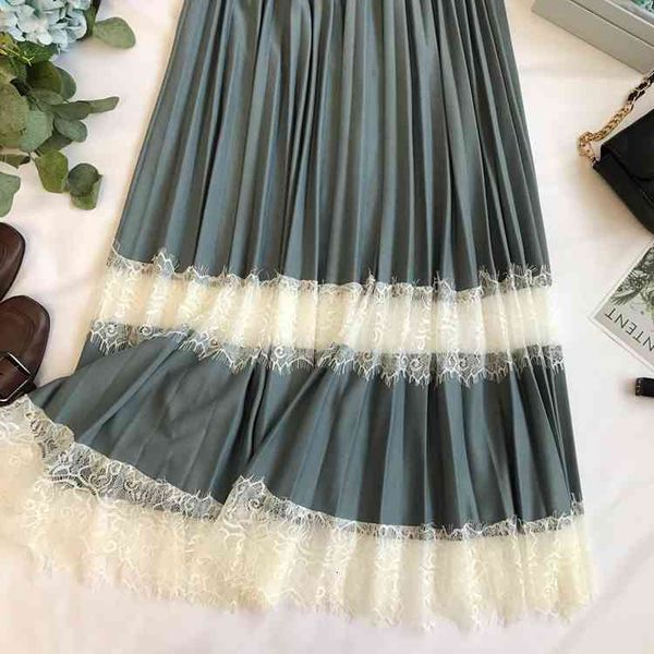 

pink green new spring and summer screen lace stitching pleated mid-calf elegant hollow out women skirt long female, Black