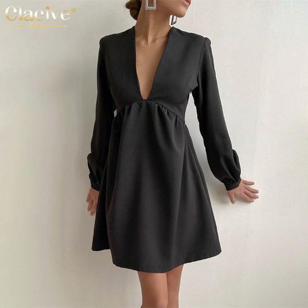 

casual dresses clacive deep v-neck black mini dress fashion long sleeve pleated women elegant loose party club zipper ladies, Black;gray