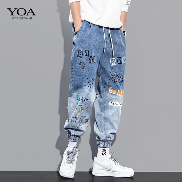 

men's jeans korean cartoon gradient casual loose hip hop streetwear male harem cargo pants jogger fashion trouser sweatpants, Blue