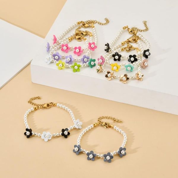 

charm bracelets boho imitated pearl bracelet for girl handmade summer candy color flower femme bijoux, Golden;silver