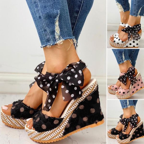 

women's sandals plus size ladies platform wedges heel fashion summer dot lace-up soft beach shoes footwear m140#, Black