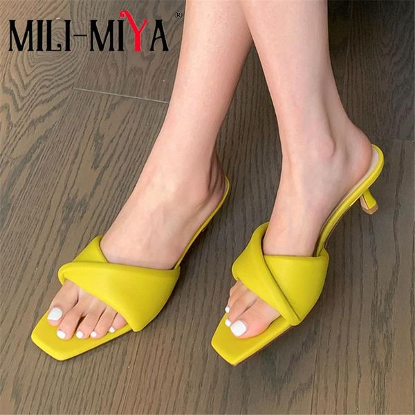 

sandals mili-miya open square toe one strap women slippers party nightclub summer candy color mid heels ladies dress shoes, Black