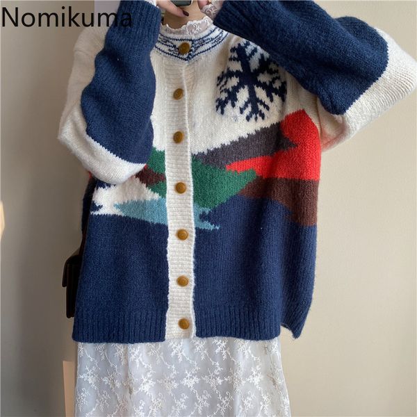 

nomikuma christmas sweater women knitted sinle breasted long sleeve casual loose o neck cardigan female sueter mujer 3d218 210514, White;black