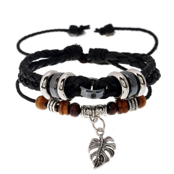 

charm bracelets fashion vintage retro beads leaf multilayer braided leather rope wrap bangle wristbands women casual jewelry, Golden;silver