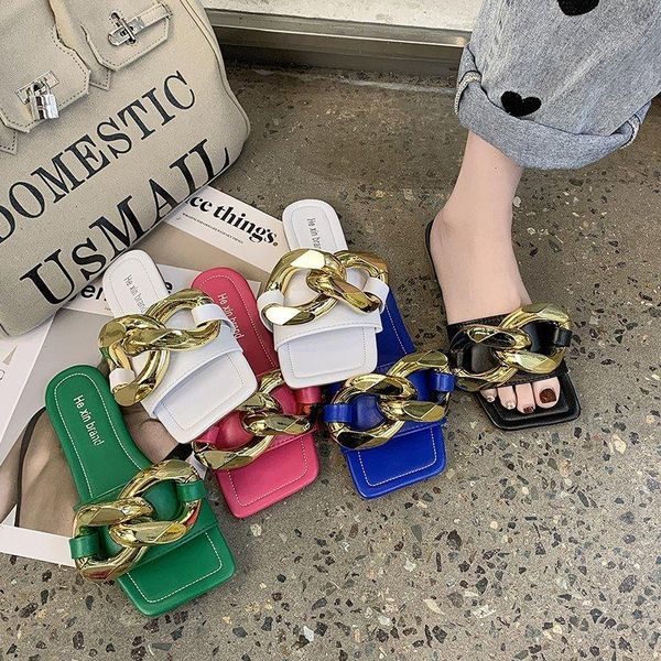 

luxury blue green slippers summer outdoor flat heels big chain slides beach casual flip flops shoes low mules, Black