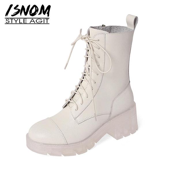 

boots isnom fashion women transparent heels genuine leather ankle woman platform soft clear outsole booties lace up shoes, Black