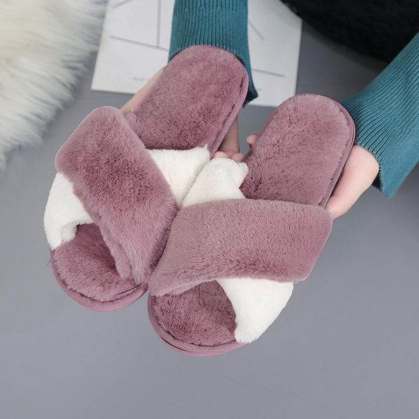 

slippers faux fur shoes ladies indoor home slip on flats female plush slides 2022 fahion furry winter warm house for women, Black