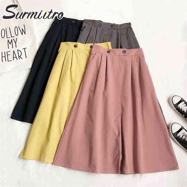 

spring summer cotton midi skirt women korean style aesthetic knee length school high waist female 210421, Black