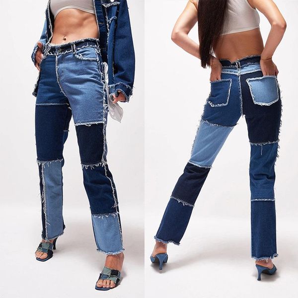 

echoine autumn winter patchwork denim pants tassel fashion jeans pocket long streetwear casual trousers jean women's, Blue