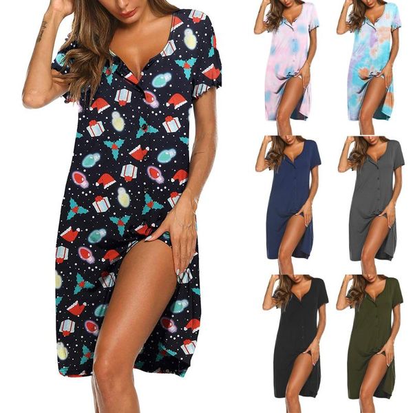 

women's sleepwear in stock womens short sleeve buttons loungewear nightgown soft sleeping dress fashion vestido de mujer, Black;red