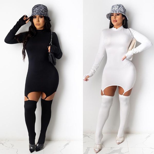 

casual dresses zaggin 2021 autumn women solid 2-colors high round neck long-sleeve zipper skinny mini dress with mitten body stocking, Black;gray