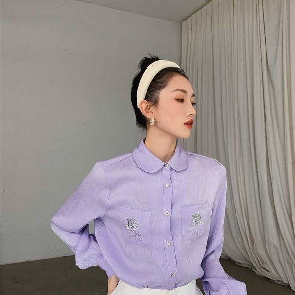 

women's two piece pants peter pan collar purple embroidered blouse women long sleeve shirt glitter butto up korean fashio 3fb7, White