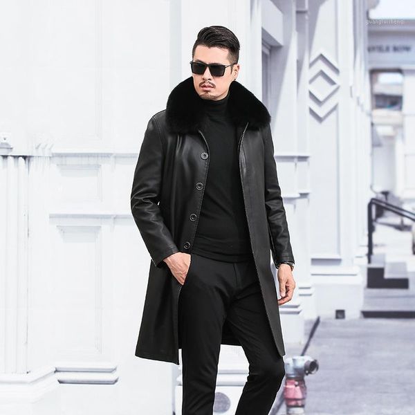 

garment leather in the long haining sheep skin collars coat plus velvet middle-aged male overcoat men's & faux, Black