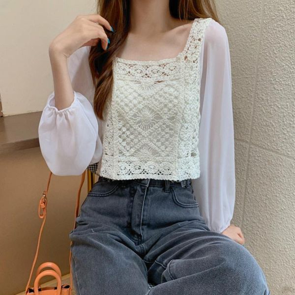 

women's blouses & shirts early autumn square collar knitted patchwork chiffon shirt short hollow-out long-sleeved 2021, White