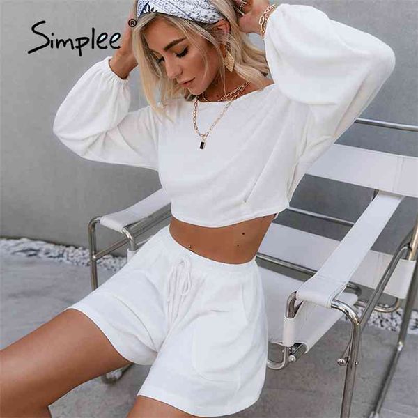 

white long sleeves two piece woman short suits elastic waist lace up summer suit pockets causal loose sets fashion 210721