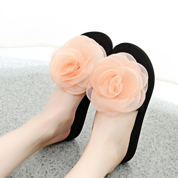 

summer beauty students ladies sandy beach flops stretch fabric lace with chiffon flowers slippers women silk sandals 2021, Black