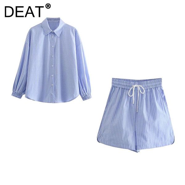 

women's tracksuits [deat] 2021 summer fashion tide single-breasted turn-down collar stripe shirt high waist shorts women two-piece suit, Gray