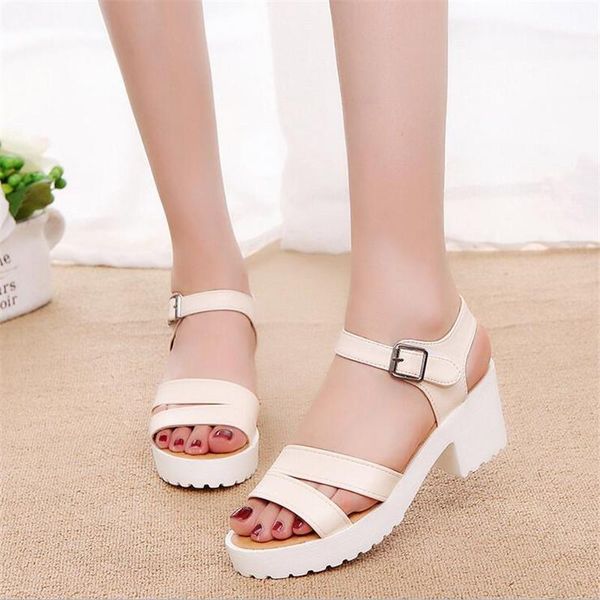 

dress shoes summer women's fashion metallic strap block chunky heels ankle sandals platform sandalias mujer size34-45, Black