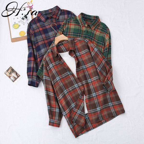 

h.sa women casual spring summer oversized blouses green plaid shirts blusas femininas korean fashion clothing 210417, White