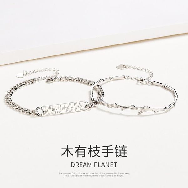 

link, chain 925 silver wood branch couple bracelet korean simple fashion men and women's hand accessories classic loves jewelry wedding, Black